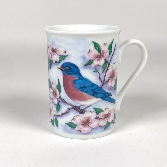 Vintage 1996 Bluebird Dogwood Flowers Coffee Mug Cup Porcelain Cottagecore - Picture 1 of 6